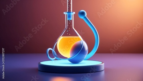 Glowing chemistry flask displayed on futuristic laboratory platform