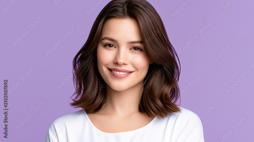 Fototapeta premium Smiling young woman lavender studio portrait brown hair white shirt soft light beauty face front view isolated background