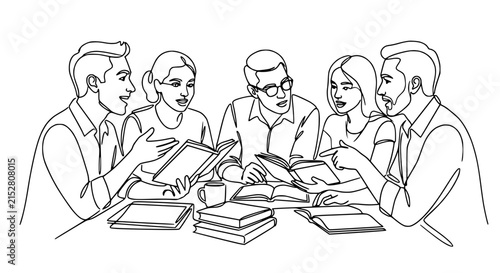 Diverse group of people studying together, reading books and discussing ideas