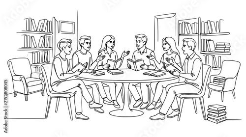 Diverse group of people in a library study session, discussing books around a table.