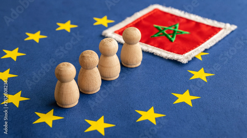 Morocco and EU Cooperation: Small wooden figures stand on the European Union flag, facing the flag of Morocco, symbolizing partnership and collaboration between regions.