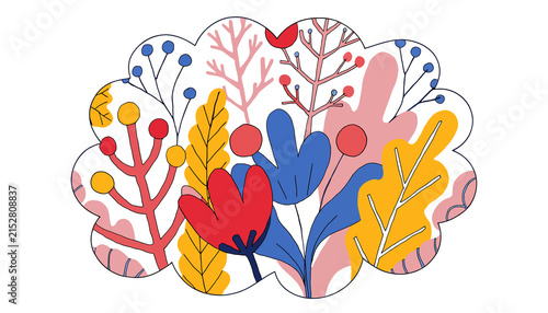 Abstract Floral Art, Colorful Nature Illustration, Whimsical Botanical Design, Vector Pattern