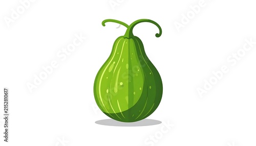 Green pear hanging from stem isolated on white.