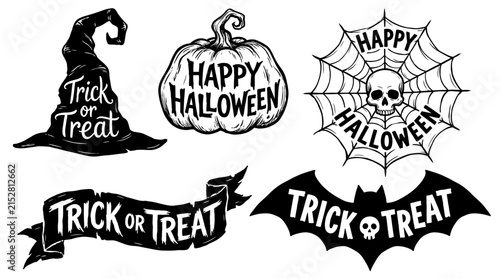 Halloween vector lettering label set with witch hat, pumpkin, skull spider web, bat, and ribbon banner