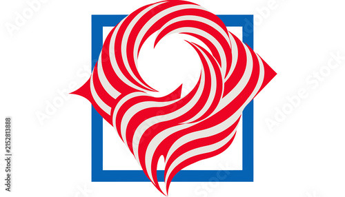 Abstract Swirling Red and White Shape within Blue Square Frame
