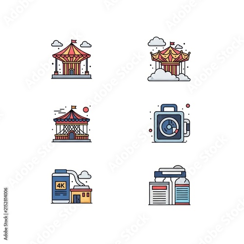 Amusement park and industrial manufacturing factory line icons.