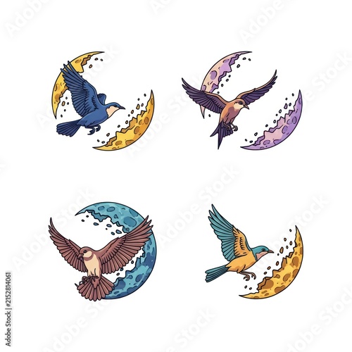 Birds flying with crescent moon icons.