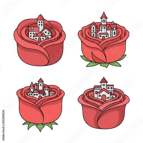 Fantasy castles nestled inside red rose blossoms.
