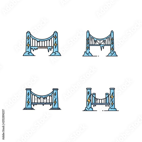 Electric suspension bridge icons with lightning energy symbols.
