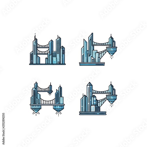 Floating futuristic city skyscraper icons.