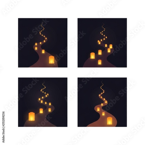 Floating lanterns ascending along a dark winding path.