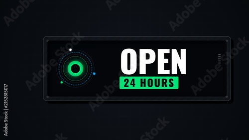 Futuristic Open 24 Hours Digital HUD Signage with Glowing Green Animation