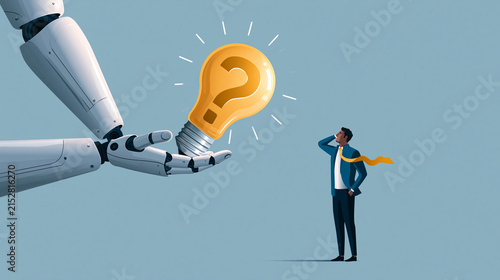 AI Presenting a Questionable Idea: A robotic arm holds a glowing lightbulb with a question mark, offering it to a puzzled businessman who contemplates the innovation.