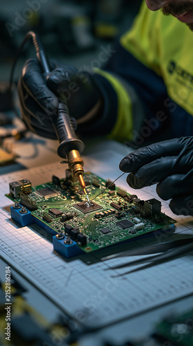 Expert Hands at Work: An artisan skillfully solders a complex circuit board, their gloved hands meticulously connecting components.