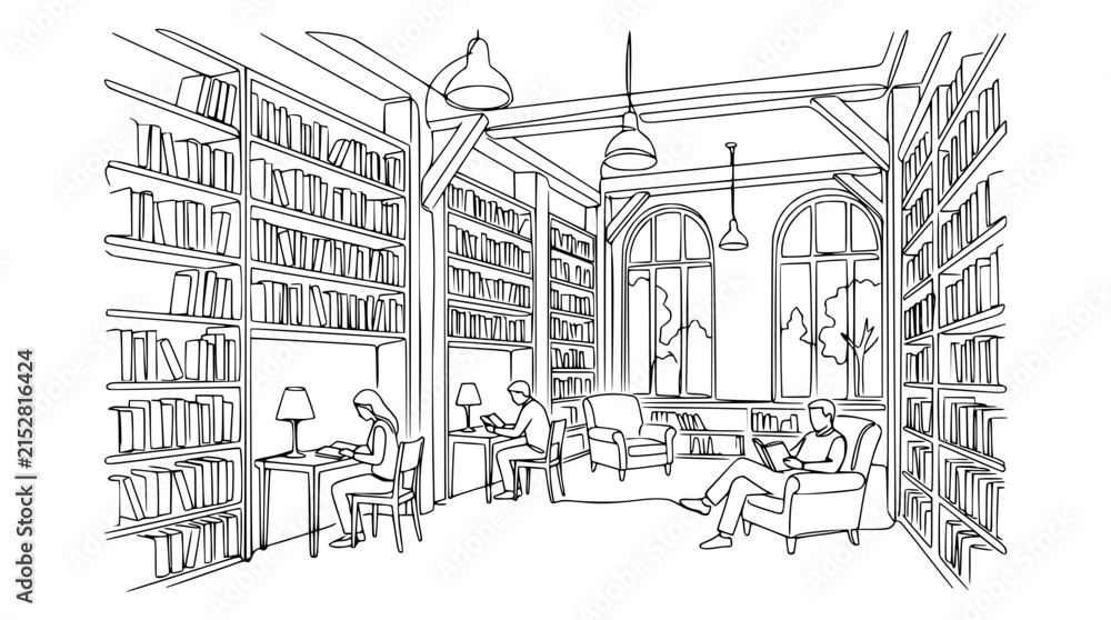 Fototapeta premium Cozy library interior with people reading books among shelves, hand-drawn sketch