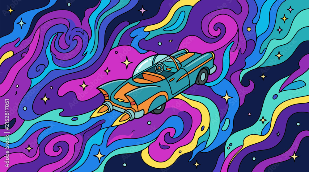 Obraz premium Retro futuristic flying car with jet engines navigating a colorful cosmic nebula with stars, flat design illustration