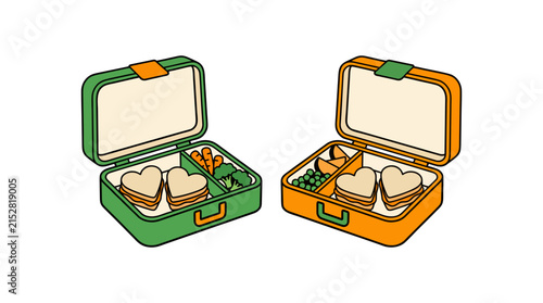 Two colorful lunch boxes packed with fresh sandwiches and snacks for kids or office meals