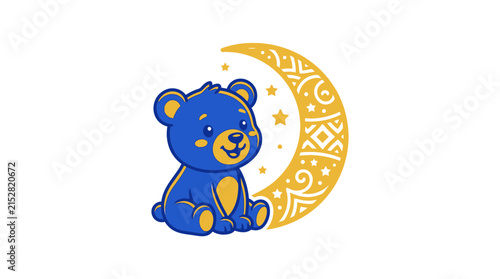 A cute blue bear sits next to a decorative yellow crescent moon