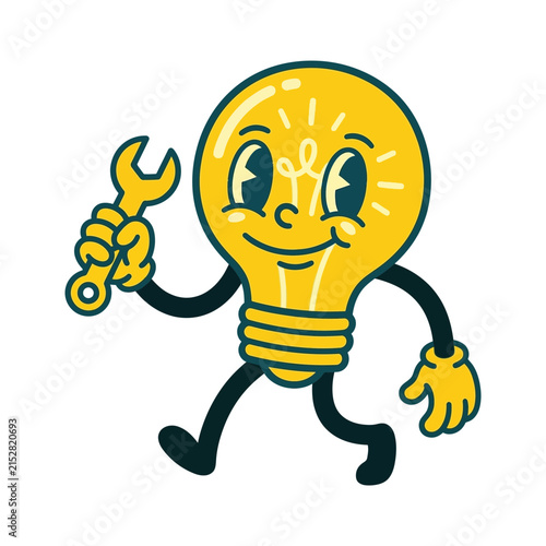 A cheerful cartoon lightbulb character holding a metal wrench tool
