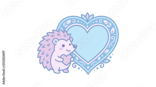 A cute cartoon hedgehog holding a small heart next to a decorative blue heart frame