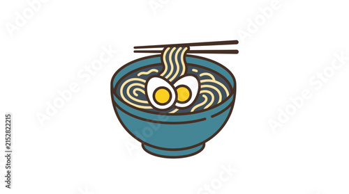 A simple flat vector illustration of a bowl of hot noodle soup with boiled eggs