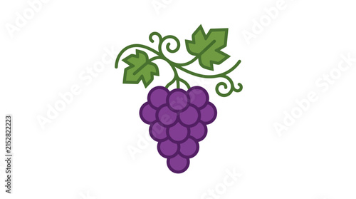 A simple flat vector illustration of a bunch of purple grapes with green leaves
