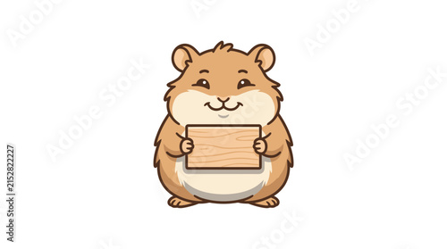 A cute cartoon hamster holding a blank wooden sign on a white background