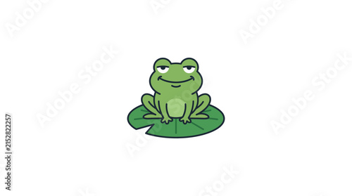 A cute green frog sits calmly on a floating lily pad in a simple vector illustration style