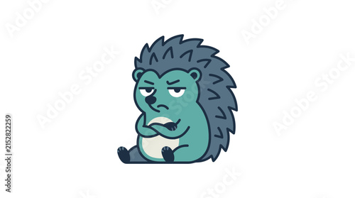 A cute cartoon hedgehog sitting with a grumpy expression on its face