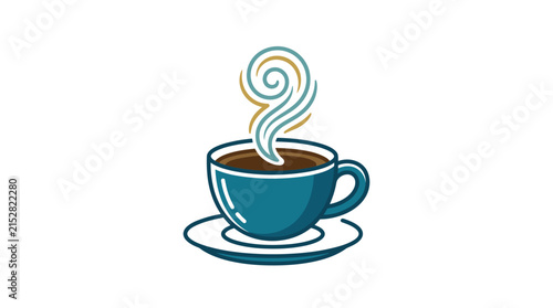 A stylized illustration of a steaming cup of hot coffee on a saucer