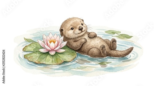 Cute Otter Floating Relaxing on Lily Pad with Water Lily Flower