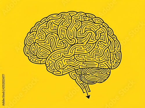 Conceptual illustration of a human brain shaped like a complex maze isolated on a solid bright yellow background for creative mental health