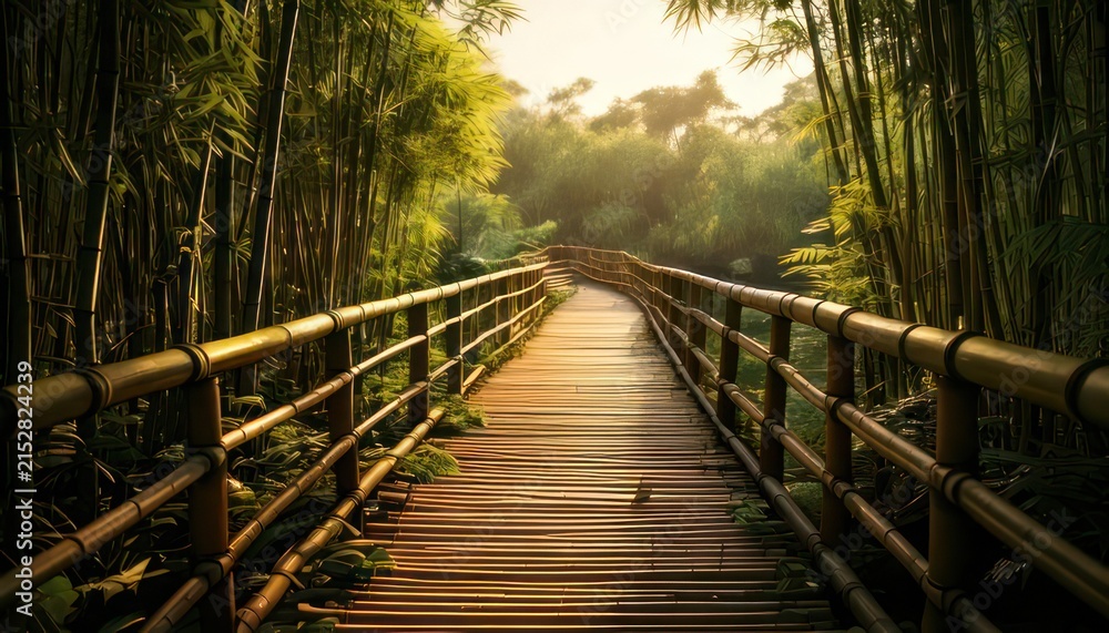 Obraz premium Serene bamboo forest walking bridge pathway.