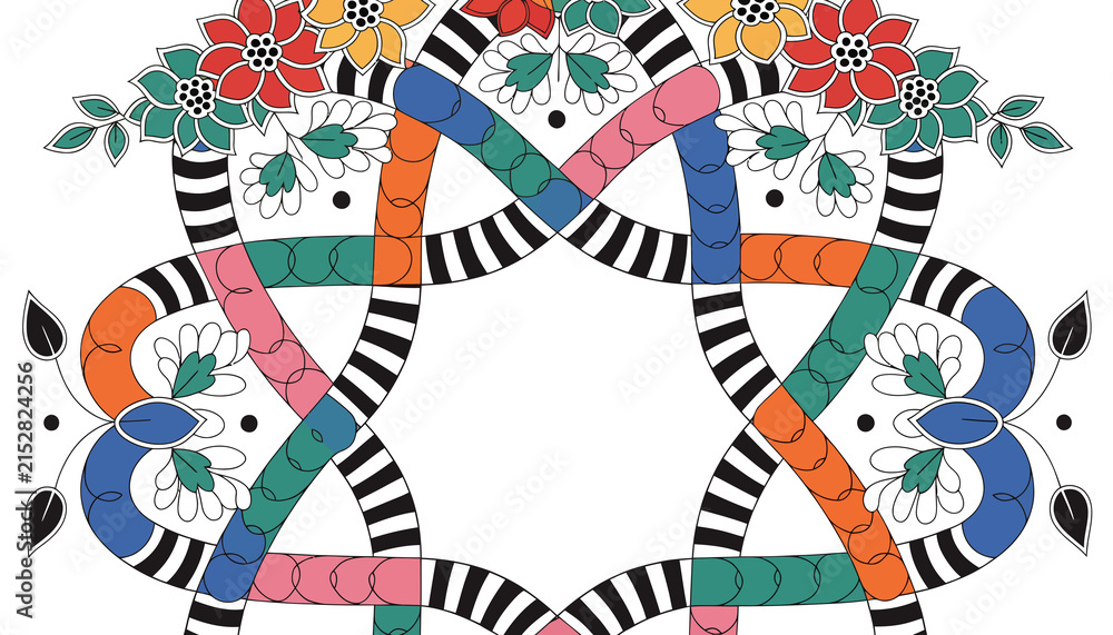 Obraz premium Vibrant Intertwined Floral Mandala with Geometric Star Pattern and Colorful Elements