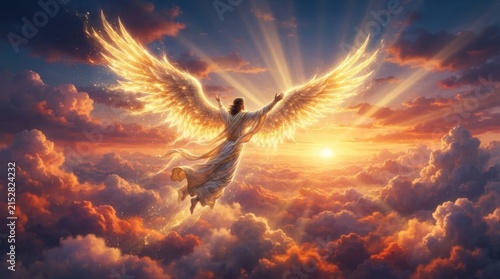 Radiant Winged Angel Rising Above Golden Clouds in a Dramatic Heavenly Sunset