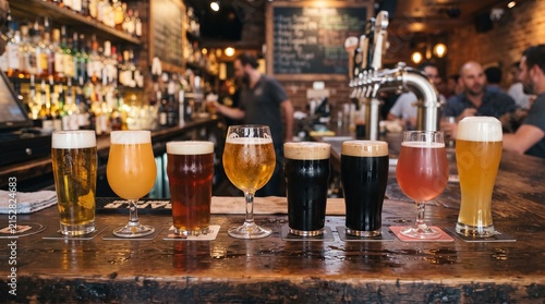 Assorted beer glasses with different brews set bar background
