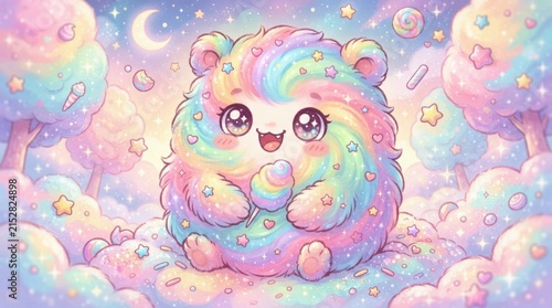 Cute Rainbow Swirl Hamster with Candy Stars and Dreamy Sky