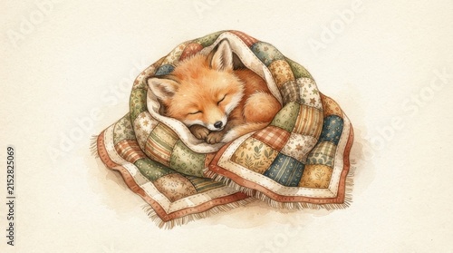 Cute Sleeping Fox Cub Wrapped in Cozy Quilted Blanket, Watercolor Illustration