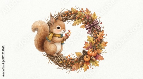 Cute Squirrel and Autumn Wreath with Pumpkins, Berries, and Leaves