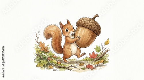 Cute squirrel carrying a giant acorn, surrounded by autumn leaves and branches, watercolor illustration.