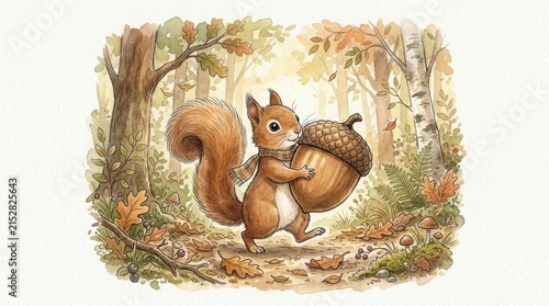 Cute Squirrel Carrying Large Acorn in Autumn Forest