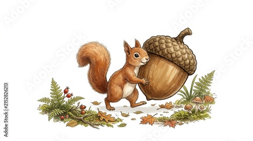 Cute squirrel pushing a giant acorn with autumn leaves and ferns on white background