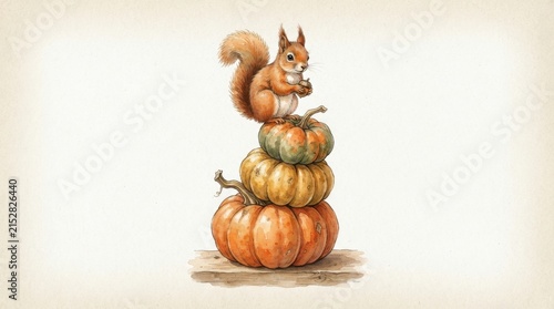Cute Squirrel Sitting on Stack of Pumpkins, Autumn Harvest Illustration