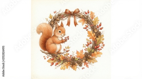 Cute Squirrel Sitting on Autumn Wreath Holding Acorn, Watercolor Illustration