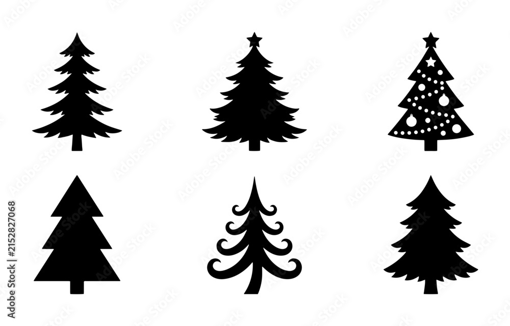 Obraz premium 70 Six Black Silhouette Christmas Tree Icons, Festive Evergreen Vector Graphics, Winter Holiday Celebration Symbols, Seasonal Decoration Elements 100