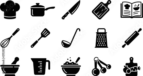 Collection of various kitchen utensils and cooking icons.