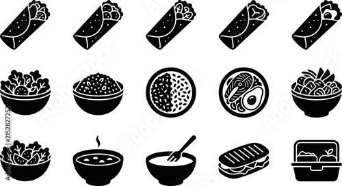 Set of black and white icons representing various food items and meal options.