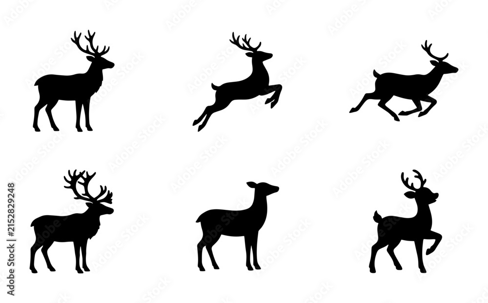 Fototapeta premium 70 Deer Silhouette Collection, Majestic Stag Icons, Wildlife Vector Graphics, Forest Animal Set, Nature Elements, Black and White 100