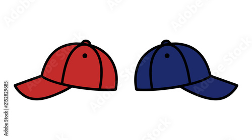 Red and blue baseball caps facing forward with adjustable straps and eyelets vector illustration
