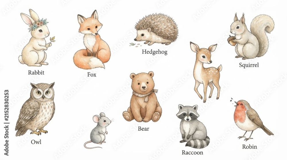Obraz premium Cute Woodland Animals Collection: Rabbit, Fox, Bear, Owl, Squirrel, Deer, Hedgehog, Mouse, Raccoon, Robin